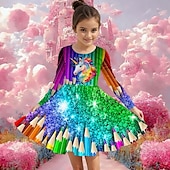 billiga Enhörningsklänning i 3D-Flickor 3D Grafisk Enhörnings Klänning Långärmad Sommar Vår Semester Dagligen Helgdag Prinsessa Skön Ljuv Barn 4-12 år Vardagsklänning A linjeklänning Knälång Normal