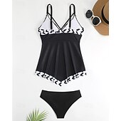 abordables Maillots une pièce et tankinis-Femme Tankini Maillot De Bain Deux Pièces Col en V Maillots de Bain Maillots de Bain Noir / Blanc Blanche Respirable Séchage rapide Poids Léger Sans Manches - Natation Surf Plage Eté Printemps Grande