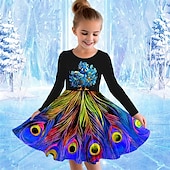 cheap 3D Shining Vision Dress-Girls&#039; 3D Graphic Animal Peacock Dress Long Sleeve Summer Spring Vacation Daily Holiday Princess Beautiful Sweet Kids 4-12 Years Casual Dress A Line Dress Knee-length Regular Fit