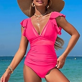 billiga One Pieces &amp; Tankinis-Dam Baddräkt Volang Djup V-hals Badkläder Solid färg Badkläder Svart Rodnande Rosa Andningsfunktion Snabb tork Lättvikt Ärmlös - Simmning Surfing Strand Sommar Vår