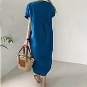 economico Vestiti-Per donna Abito Lungo Maxi Abito Abiti ispirati al lino Vestito Casual Abito in cotone e lino Elegante Casual Vacanza Quotidiano Data Vestibilità regolare Semplice Manica Corta Scollo a V Blu Estate