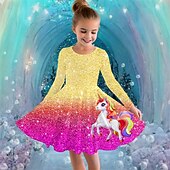 tanie Sukienka 3D Jednorożec-Dziewczyny &#039; 3D Graficzny Jednorożec Sukienka Długi rękaw Lato Wiosna Urlop Codzienny Święto Księżniczka Piękny Słodkie Dzieci 4-12 lat Codzienne sukienki Sukienka A line Do kolan Regularny