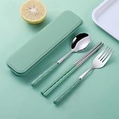 abordables Accessoires de camping-Ensemble d&#039;ustensiles de camping 3 en 1 en acier inoxydable avec couvercle en plastique réutilisable, ensemble de cuillères, fourchettes et baguettes portables pour pique-nique en camping