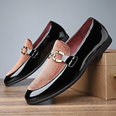 levne Poloformální-pánské luxusní červené sametové a černé lakované mokasíny – stylové slip-on společenské boty s kovovou přezkou na svatby a formální události