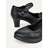 olcso Block Heels-női fekete magassarkú mary jane pumpák - kerek orr, stílusos bokapánt gombos részletekkel, tökéletes irodai vagy hétköznapi viselethez
