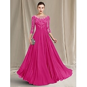 olcso Padlóhossz-A-vonalú Kölcsönanyai Ruha Elegáns Ékszer Nyak Padló Hosszú Chiffon Csipke 3/4 Hosszú Ujjú Ráncokkal Appliques