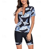 abordables Lycra de surf-Femme Maillot De Bain Deux Pièces Protection solaire UV Poids Léger Manche Courte Maillots de Bain Maillot de bain 2 Pièces Zip sur le devant Natation Surf Plage Sports nautiques Tropical Imprimé Et
