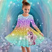 billiga Enhörningsklänning i 3D-Flickor 3D Grafisk Enhörnings Klänning Långärmad Sommar Vår Semester Dagligen Helgdag Prinsessa Skön Ljuv Barn 4-12 år Vardagsklänning A linjeklänning Knälång Normal