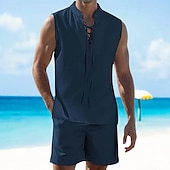 economico Set di camicie basic da uomo-Per uomo 2 pezzi Completo di camicia Set estivo Set abbinati Abbigliamento mare Liscio Da mare Giornaliero Nero Bianco Blu marino Cachi Senza maniche Colletto Estate Abbigliamento