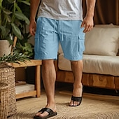 cheap Home-Men&#039;s Cargo Shorts Linen Shorts Summer Shorts Beach Shorts Drawstring Elastic Waist Multi Pocket Plain Comfort Breathable Knee Length Home Daily Beach Fashion Smart Casual White Navy Blue Inelastic