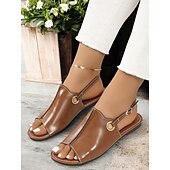 billiga Avslappnade sandaler-bruna sandaler i konstläder med öppen tå för kvinnor – lediga slingback-lägenheter med strassspänne för sommar och vardagsbruk