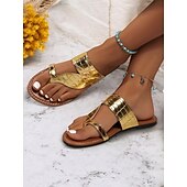 billige Ferietøfler-kvinners gull-krokmønstrede slip-on-sandaler med komfortabel passform – stilig uformelt fottøy for sommer, strand og ferie