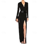 preiswerte SCHWARZ-Glockenkleid  Säulenkleid Abendkleid Partykleid Abendparty Black Tie Gala Bodenlang Lange Ärmel V-Ausschnitt Gürtel  Schärpe Baumwollmischung Rückenschnitt mit Faltenraffung Schlitz