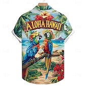 cheap Birds &amp; Animals-Men&#039;s Bird Parrot Floral&amp;Plants Summer Hawaiian Shirt Aloha Shirt Short Sleeve Hawaiian Resort Vacation Holiday Beach Wear Summer Spring Turndown Button Up Blue