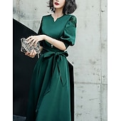 preiswerte Cocktailkleider-A-Linie Cocktailkleider Elegantes Kleid Formal Knöchellang Halbe Ärmel V-Ausschnitt Tasche Satin mit Schleife(n) Kleidern