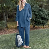 economico Set in cotone e lino-Per donna Moda Streetwear Camicie di cotone e lino Set di biancheria in cotone Set di Pantaloni Manica Lunga Colletto a Camicia Semplice Abbigliamento quotidiano Data Blu Verde Grigio Estate