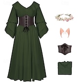 abordables Tenues-Rétro Vintage Médiéval Renaissance Robe Corset Tenues Ren Faire Viking Elfe Femmes Costume de Carnaval Celtique Fantaisie Halloween Carnaval Performance Soirée LARP Adulte Robe Corset Boucles
