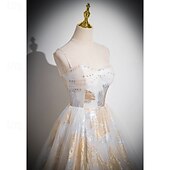 cheap Prom Dresses-Floral Gold Ball Gown A-Line Prom Dresses Vintage Dress Formal Masquerade Floor Length Sleeveless Spaghetti Strap Tulle with Glitter Wedding Guest Dress
