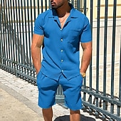 abordables Ensembles de chemises basiques pour hommes-Homme Deux pièces Ensemble Chemise Ensemble été Et Set Uni Quotidien Vacances Sortir Col Manche Courte Pantalon Court Été Mode Occasionnel Confortable Vêtement Tenue