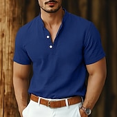 economico Strada-Per uomo Camicia camicia di lino Camicia con colletto a fascia Camicia popover Camicia estiva Abbigliamento mare Liscio Da mare Informale Nero Bianco Rosa Blu marino Manica corta Henley Estate