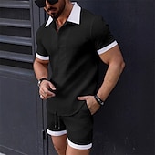 cheap Men&#039;s Tee Sets-Men&#039;s T-shirt Suits 2 Pieces Outfits Tee &amp; Shorts Short Sleeve Lapel Summer Plain Fashion Casual Patchwork 2 Piece Jacquard Vacation Daily Wear Going out Black White Pink Top Tee for Men