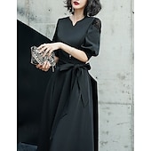 preiswerte Cocktailkleider-A-Linie Cocktailkleider Elegantes Kleid Formal Knöchellang Halbe Ärmel V-Ausschnitt Tasche Satin mit Schleife(n) Kleidern
