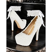 cheap Platform Pumps-Women's White Lace and Pearl Embellished High Heel Platform Wedding Shoes with Ribbon Anklets for Bridal and Formal Ceremonies