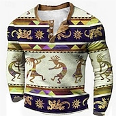 voordelige Etnische stijl-Voor heren Grafisch Tribal Henley-shirt Wafel T-shirt Lange mouw 3D-afdrukken Modieus Ontwerper Etnisch Buitensporten Feestdagen Festival Lente &amp; Herfst blauw Bruin Groen Grijs Henley Henley-T-shirt