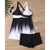 abordables Maillots une pièce et tankinis-Femme Tankini Maillot De Bain Deux Pièces Col en V Maillots de Bain Maillots de Bain Noir Blanche Respirable Séchage rapide Poids Léger Sans Manches - Natation Surf Plage Eté Printemps Grande Taille