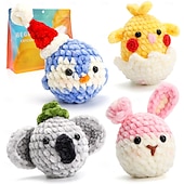 baratos Acessórios para festa-kit de crochê de natal para iniciantes 4 padrões animais-pintinho pinguim coala coelho kit de tricô para adultos crianças com tutoriais em vídeo passo a passo e fios acessórios de gancho