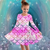 abordables Vestido de unicornio 3D-Girls &#039; 3D Graphic Unicornio Vestido Manga Larga Verano Primavera Vacaciones Diario Festivos Princesa Hermosa Dulce Niños 4-12 años Vestido informal Vestido de una línea Hasta la Rodilla Ajuste