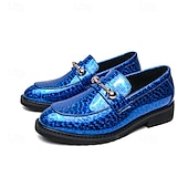 economico Semi-formale-mocassini da uomo in similpelle blu metallizzata con catena dorata decorativa – scarpe slip-on alla moda per occasioni formali e da festa