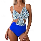 abordables Maillots une pièce et tankinis-Femme Tankini Maillot De Bain Deux Pièces V Profond Bretelles Croisées Maillots de Bain Floral Maillots de Bain Jaune foncé Noir / Blanc Respirable Séchage rapide Poids Léger Sans Manches - Natation