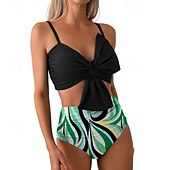 abordables Maillots une pièce et tankinis-Femme Tankini Maillot De Bain Deux Pièces V Profond Bretelles Croisées Maillots de Bain Floral Maillots de Bain Jaune foncé Noir / Blanc Respirable Séchage rapide Poids Léger Sans Manches - Natation