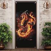 abordables Banners de Garaje y Puerta-Decoraciones de puerta de animales, cubiertas de puerta, tapiz de puerta de dragón de fuego, cortina de puerta, decoración de fondo, pancarta de puerta interior/exterior para puerta de entrada, casa