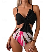 abordables Maillots une pièce et tankinis-Femme Tankini Maillot De Bain Deux Pièces V Profond Bretelles Croisées Maillots de Bain Floral Maillots de Bain Jaune foncé Noir / Blanc Respirable Séchage rapide Poids Léger Sans Manches - Natation
