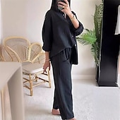 baratos Conjuntos-Mulheres Moda Roupa de rua Camisa Social Conjuntos inspirados em linho Conjuntos de duas peças Calças de linho Calças Conjunto Manga Longa Colarinho de Camisa Côr Sólida Com Cordão Roupa Diária