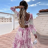 preiswerte Lässige Blumenkleider-Damen kleid lang Casual kleid A Linie Kleid Sommerkleid Boho-Kleid Elegant Stilvoll Urlaub Täglich Verabredung Regular Fit Blumen Langarm V Ausschnitt Gelb Blau Purpur Grün Sommer Frühling