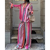 tanie Zestawy-Damskie Moda Moda miejska Koszula Zestawy inspirowane lnem Zestawy dwuczęściowe Lniane spodnie Spodnie Długi rękaw Kołnierzyk koszuli Kolorowy blok Niejednolita całość Dzienne zużycie Randka Rumiany