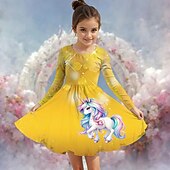 tanie Sukienka 3D Jednorożec-Dziewczyny &#039; 3D Graficzny Jednorożec Sukienka Długi rękaw Lato Wiosna Urlop Codzienny Święto Księżniczka Piękny Słodkie Dzieci 4-12 lat Codzienne sukienki Sukienka A line Do kolan Regularny