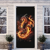 abordables Banners de Garaje y Puerta-Decoraciones de puerta de animales, cubiertas de puerta, tapiz de puerta de dragón de fuego, cortina de puerta, decoración de fondo, pancarta de puerta interior/exterior para puerta de entrada, casa