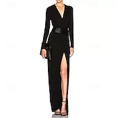 preiswerte SCHWARZ-Glockenkleid  Säulenkleid Abendkleid Partykleid Abendparty Black Tie Gala Bodenlang Lange Ärmel V-Ausschnitt Gürtel  Schärpe Baumwollmischung Rückenschnitt mit Faltenraffung Schlitz