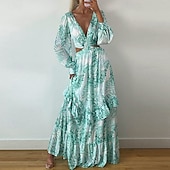 preiswerte Lässige Blumenkleider-Damen kleid lang Casual kleid A Linie Kleid Sommerkleid Boho-Kleid Elegant Stilvoll Urlaub Täglich Verabredung Regular Fit Blumen Langarm V Ausschnitt Gelb Blau Purpur Grün Sommer Frühling