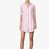 preiswerte Blusenkleider-Damen Minikleid blusenkleid Casual kleid Sommerkleid Stilvoll Brautkleider schlicht Urlaub Täglich Verabredung Regular Fit Streifen Langarm V Ausschnitt Schwarz Rosa Blau Khaki Sommer Frühling