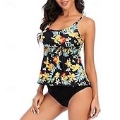 abordables Maillots une pièce et tankinis-Femme Tankini Maillot De Bain Deux Pièces Dos Nu Maillots de Bain Floral Maillots de Bain Bleu Ciel Noir Respirable Séchage rapide Poids Léger Sans Manches - Natation Surf Plage Eté Printemps