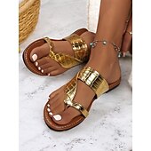 billige Ferietøfler-kvinners gull-krokmønstrede slip-on-sandaler med komfortabel passform – stilig uformelt fottøy for sommer, strand og ferie