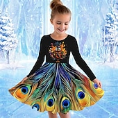 cheap 3D Shining Vision Dress-Girls&#039; 3D Graphic Animal Peacock Dress Long Sleeve Summer Spring Vacation Daily Holiday Princess Beautiful Sweet Kids 4-12 Years Casual Dress A Line Dress Knee-length Regular Fit
