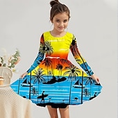 billiga 3D Shining Vision Klänning-Flickor 3D Grafisk Kokosnötsträd Klänning Långärmad Sommar Vår Semester Dagligen Helgdag Prinsessa Skön Ljuv Barn 4-12 år Vardagsklänning A linjeklänning Knälång Normal