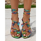 cheap Vacation Sandals-Women&#039;s Rainbow Strappy Flat Sandals with Butterfly Decorations – Eye-Catching and Comfortable for Summer, Beach and Festival Wear