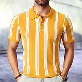 olcso Férfi nyomtatott póló-Férfi Button Up Polos Golfing Hétköznapi Sport Hajtóka Rövid ujjú Divat Alap Csík Kollázs Gombok Nyár Sárga Button Up Polos